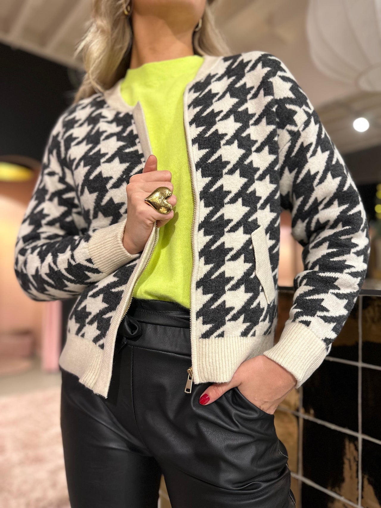 K design bomber cardigan met pied de poule