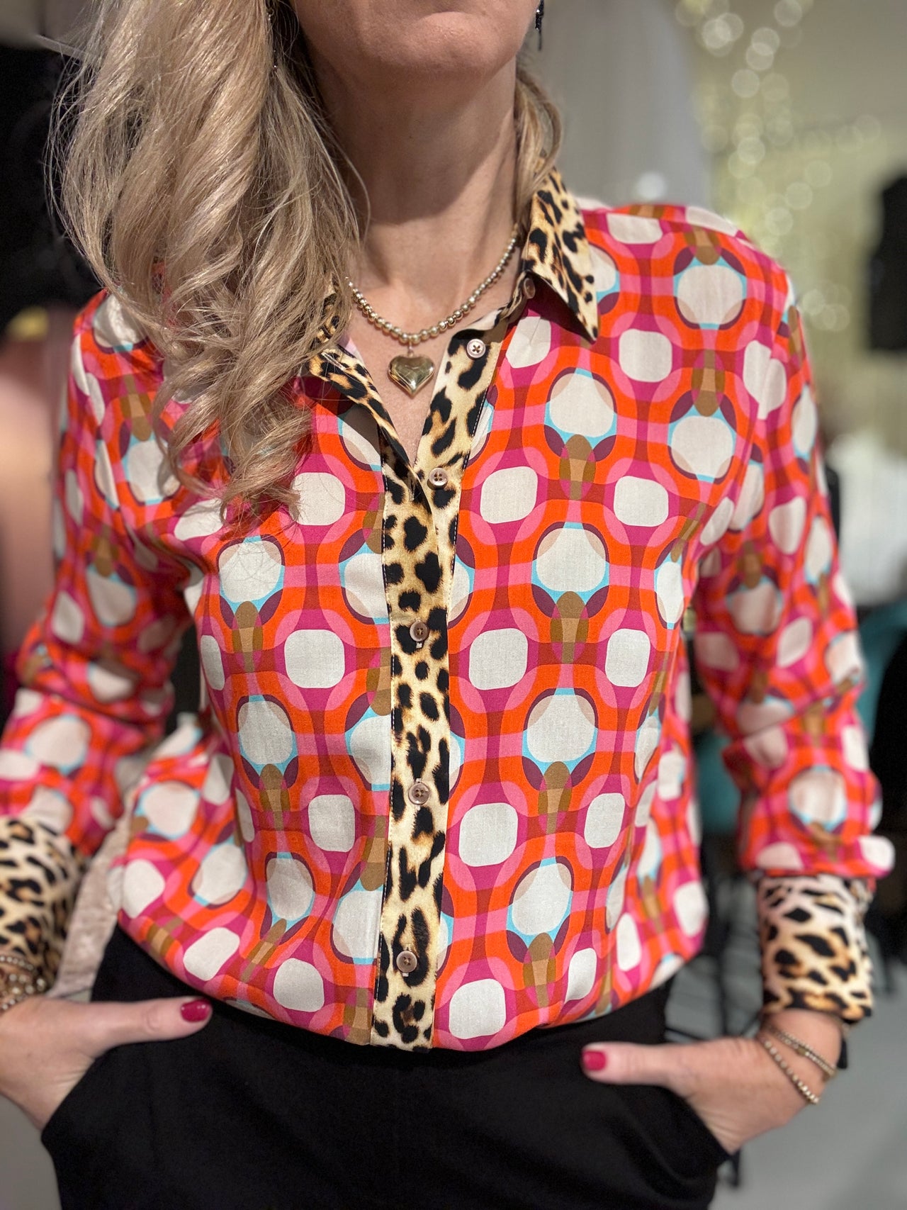 Emily van den Bergh blouse red pink geometric